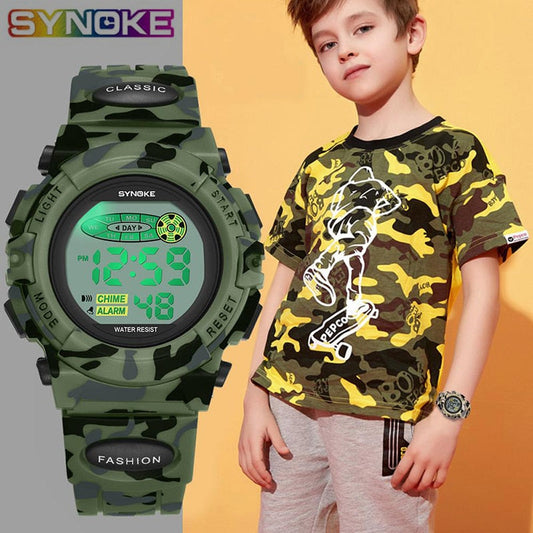 SYNOKE Sports Military Kids Digital Watches Student Children's Watch Fashion Luminous Led Alarm Camouflage Green Boy Clock